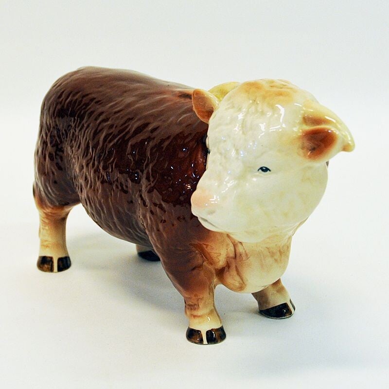 Vintage brown and white ceramic Hereford bull, England 1950s