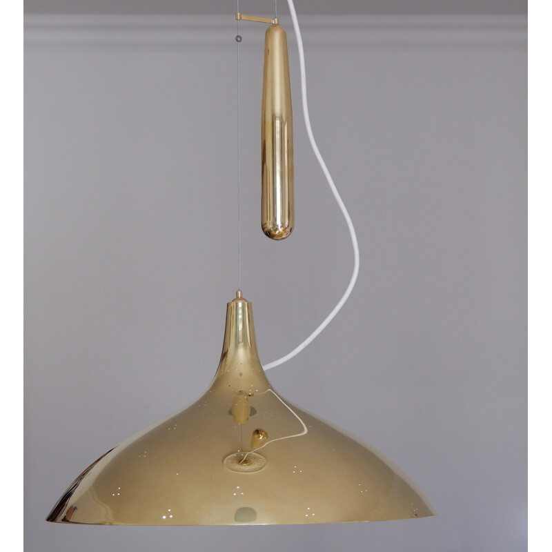 Mid century Paavo Tynell counter weight ceiling light A1965 for Idman polished brass, 1950s