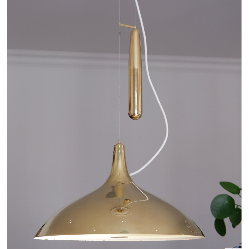 Mid century Paavo Tynell counter weight ceiling light A1965 for Idman polished brass, 1950s