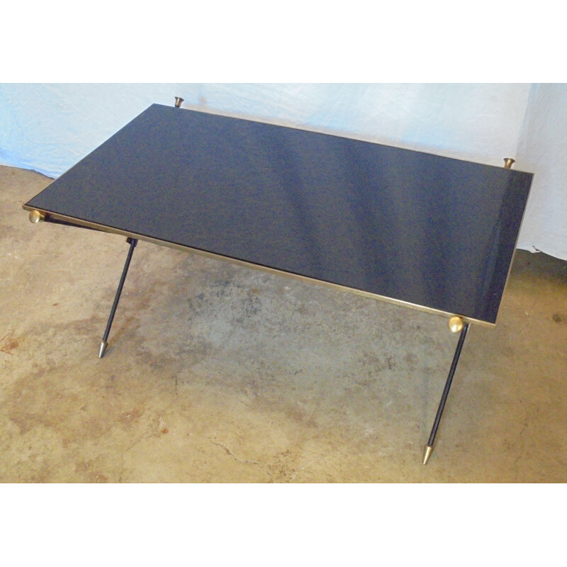 Mesa de centro vintage de latón y opalina negra de Jansen, 1950