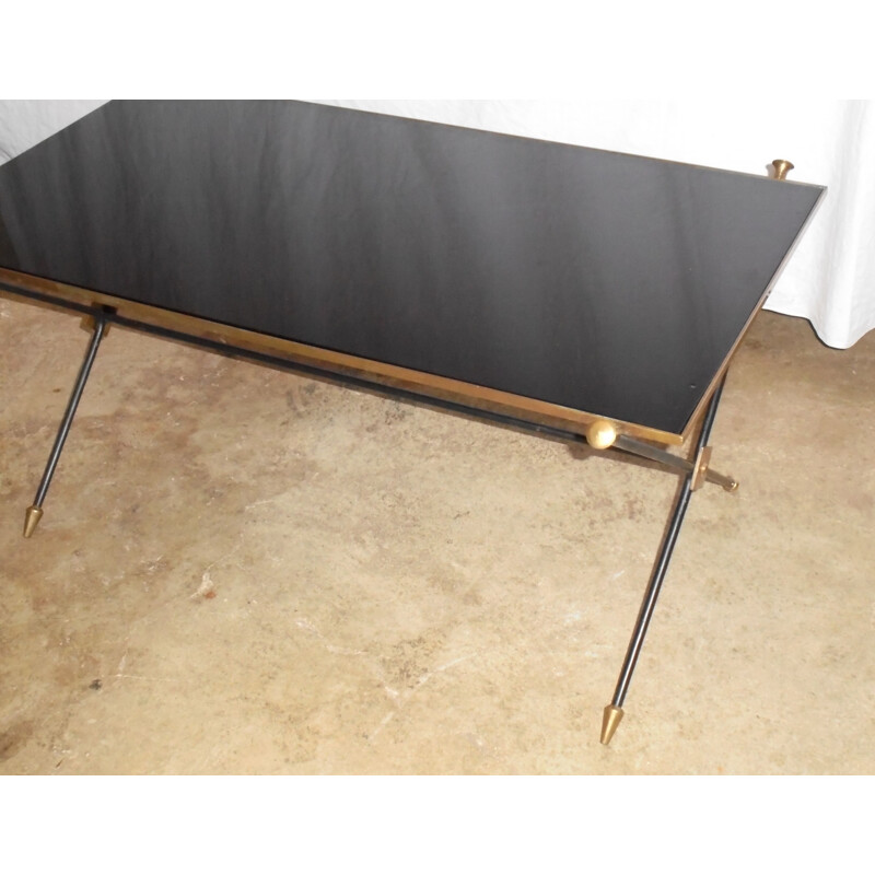 Mesa de centro vintage de latón y opalina negra de Jansen, 1950