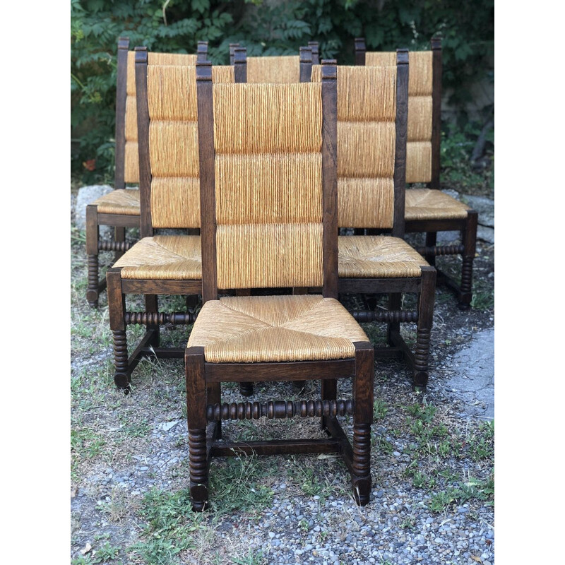 6 vintage neo-basque oak and straw chairs by Charles Dudouyt, 1950s