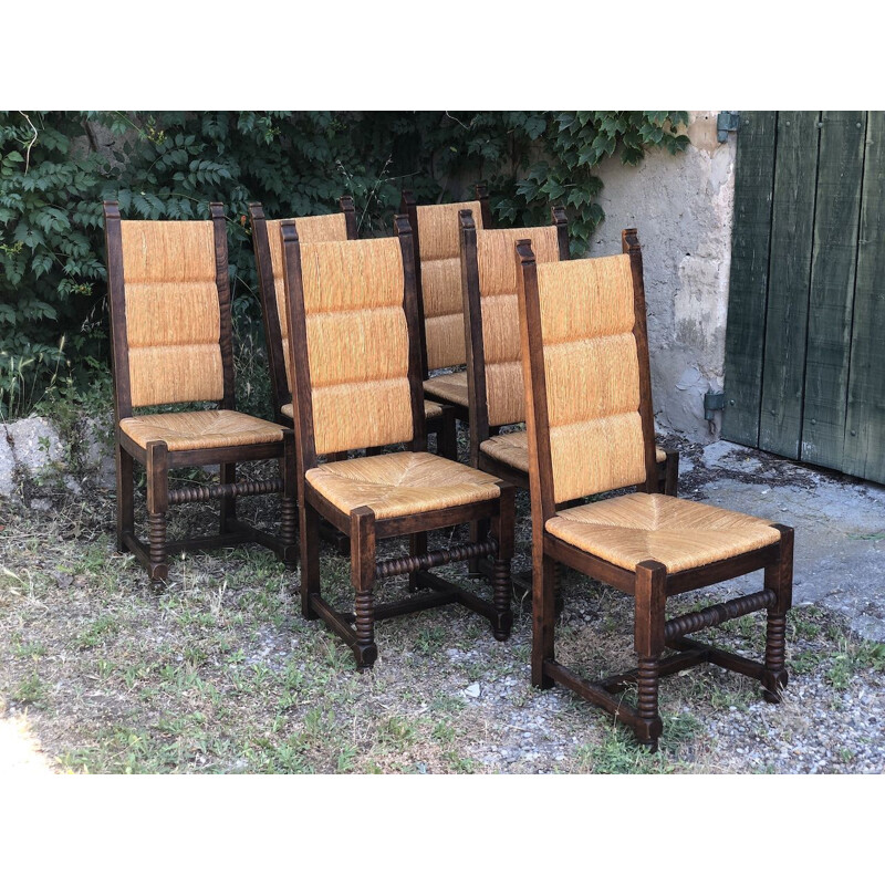 6 vintage neo-basque oak and straw chairs by Charles Dudouyt, 1950s