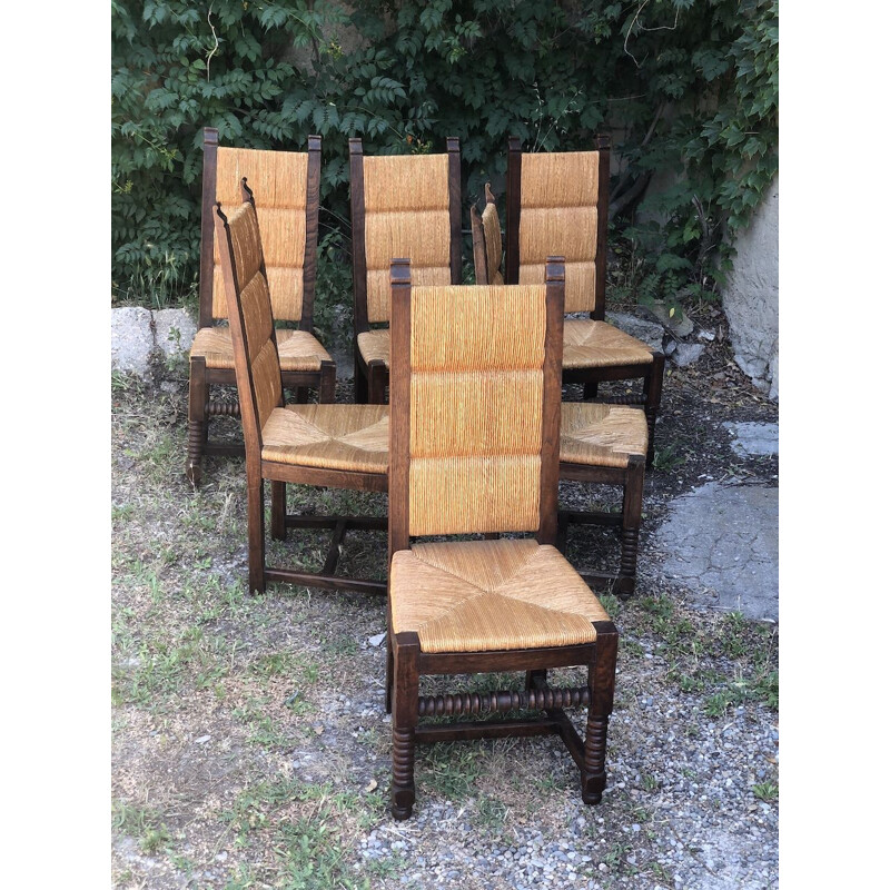 6 vintage neo-basque oak and straw chairs by Charles Dudouyt, 1950s