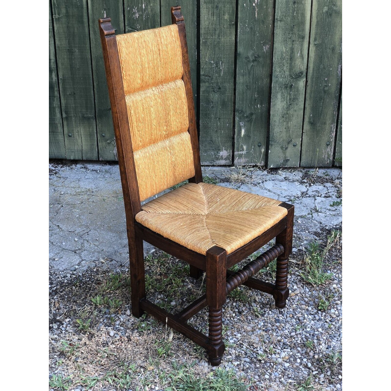 6 vintage neo-basque oak and straw chairs by Charles Dudouyt, 1950s