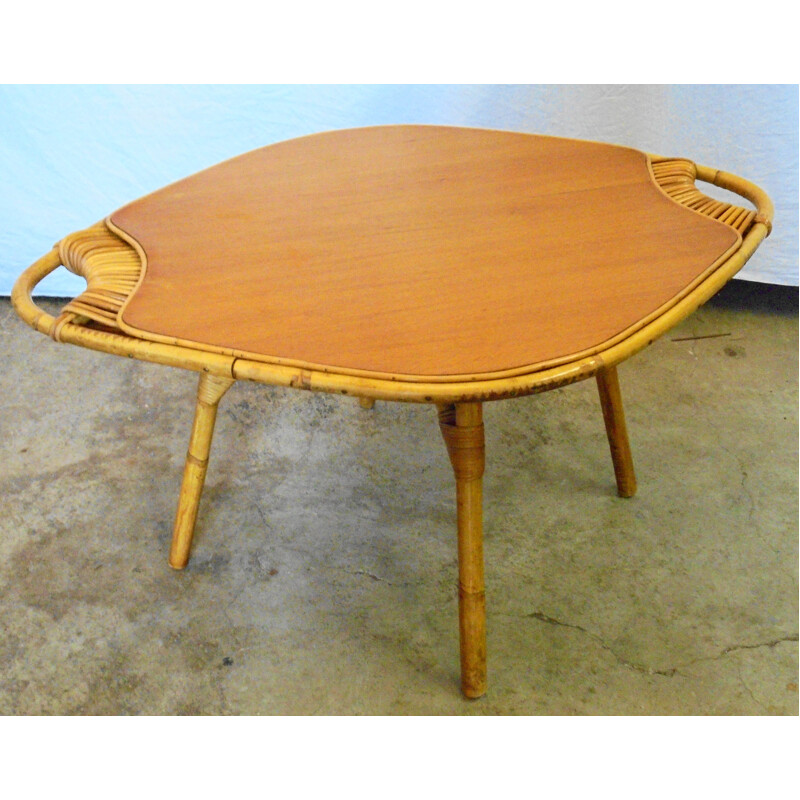 Vintage coffee table in bamboo, wood and rattan, 1960