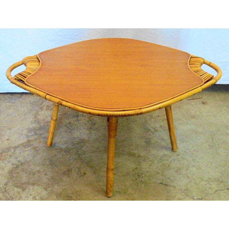 Table basse vintage en bambou, bois et rotin, 1960