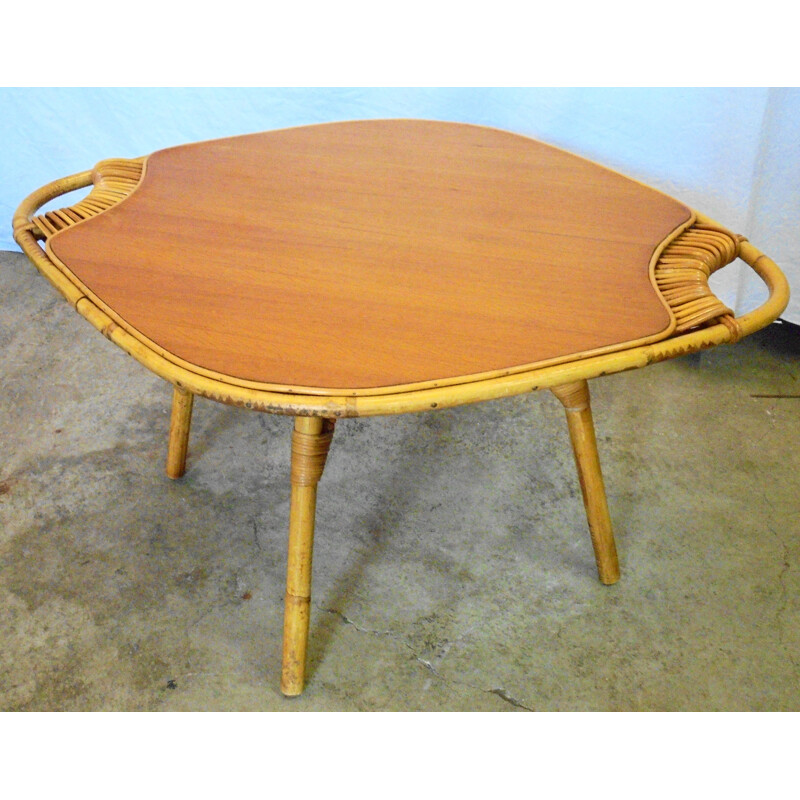 Mesa de bambu vintage, madeira e mesa de café rattan, 1960