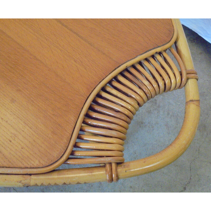 Tavolino vintage in bambù, legno e rattan, 1960