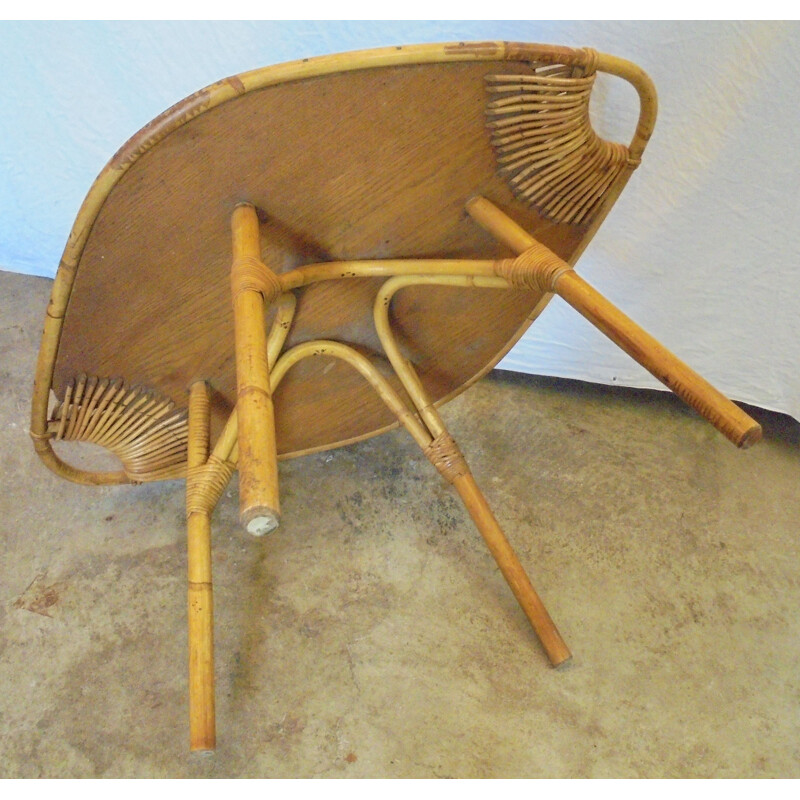 Mesa de centro vintage de bambú, madera y ratán, 1960
