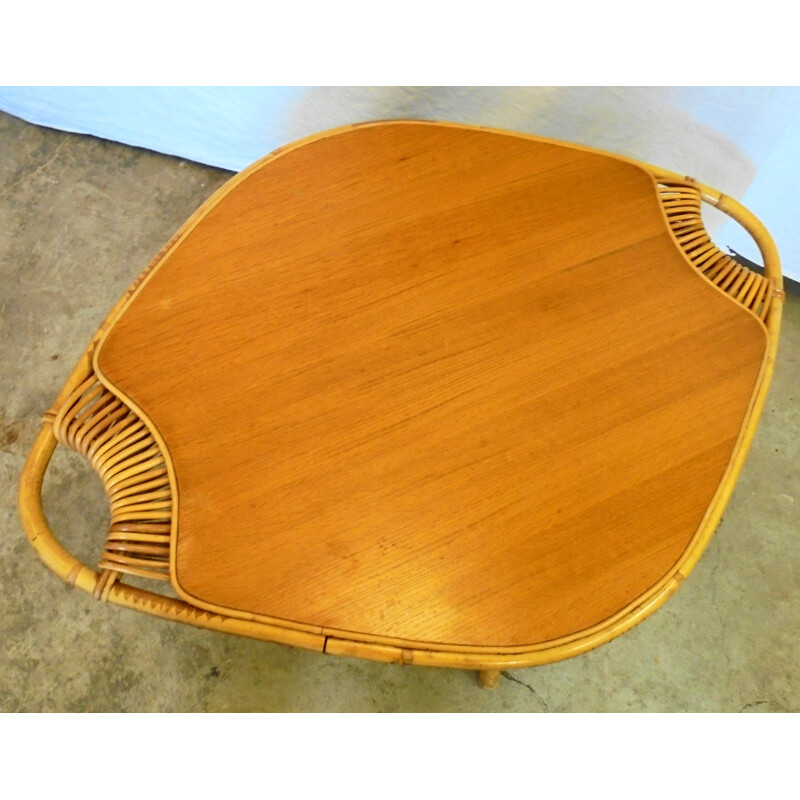 Mesa de centro vintage de bambú, madera y ratán, 1960