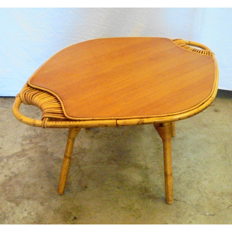 Table basse vintage en bambou, bois et rotin, 1960