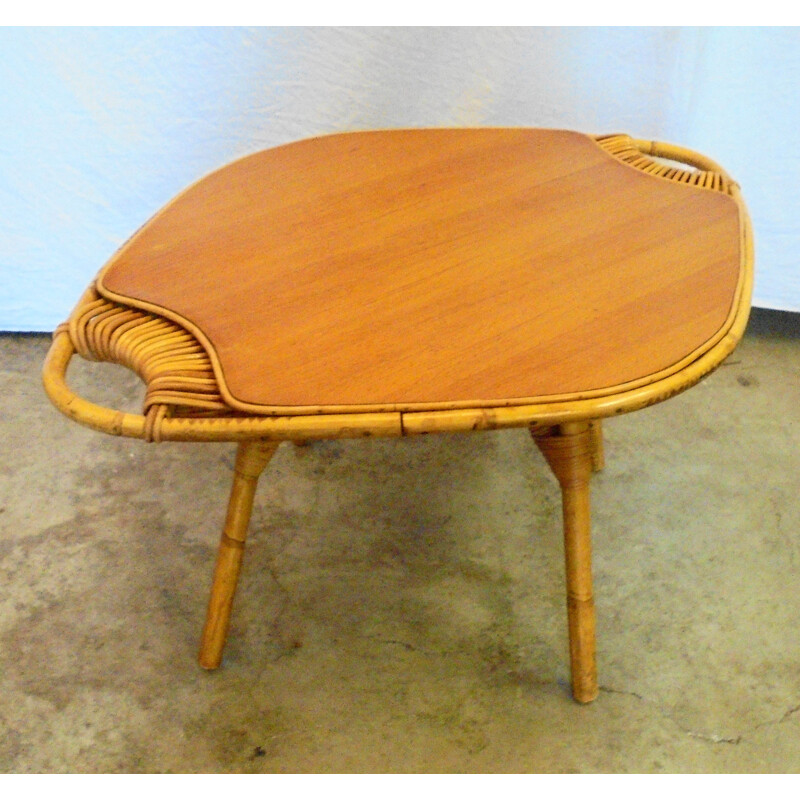 Vintage coffee table in bamboo, wood and rattan, 1960