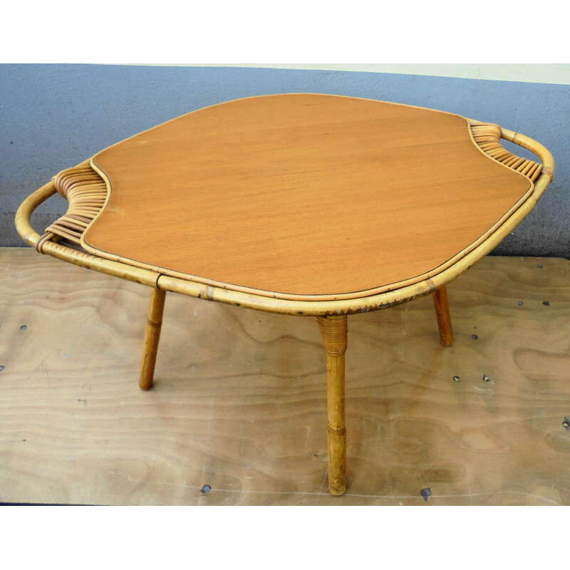 Vintage coffee table in bamboo, wood and rattan, 1960