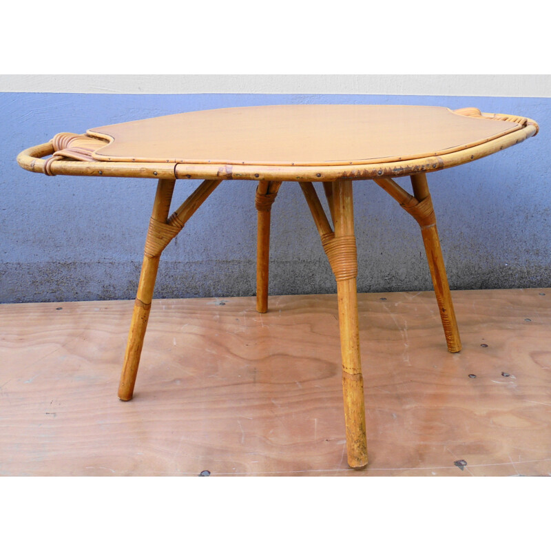 Vintage coffee table in bamboo, wood and rattan, 1960