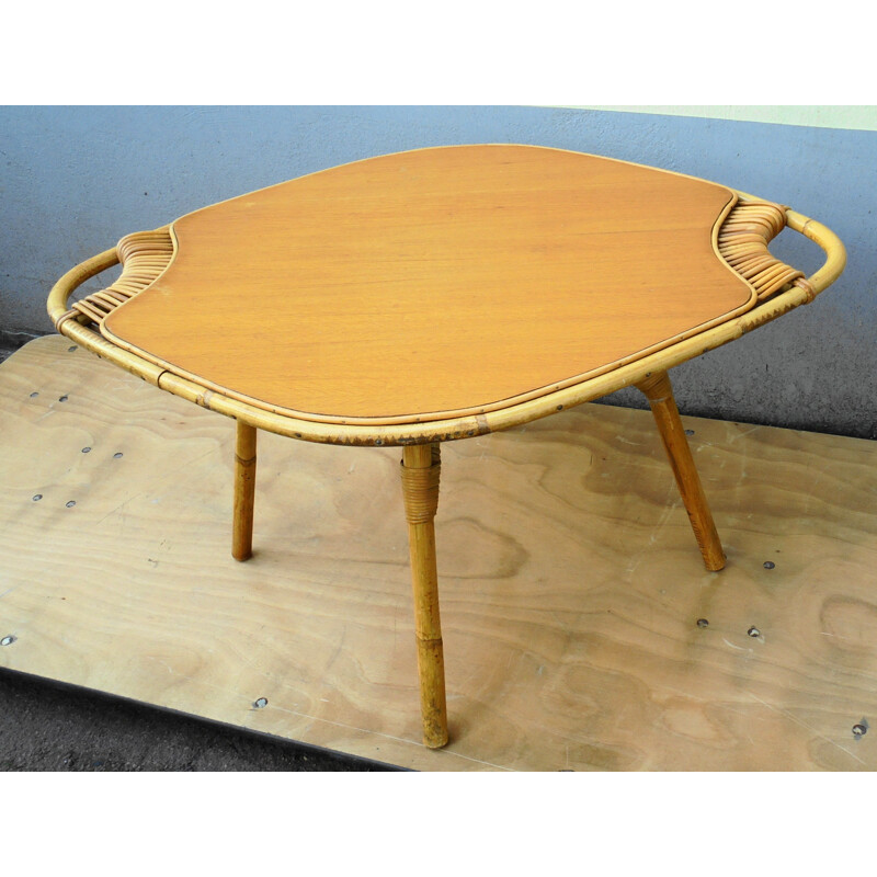 Vintage coffee table in bamboo, wood and rattan, 1960