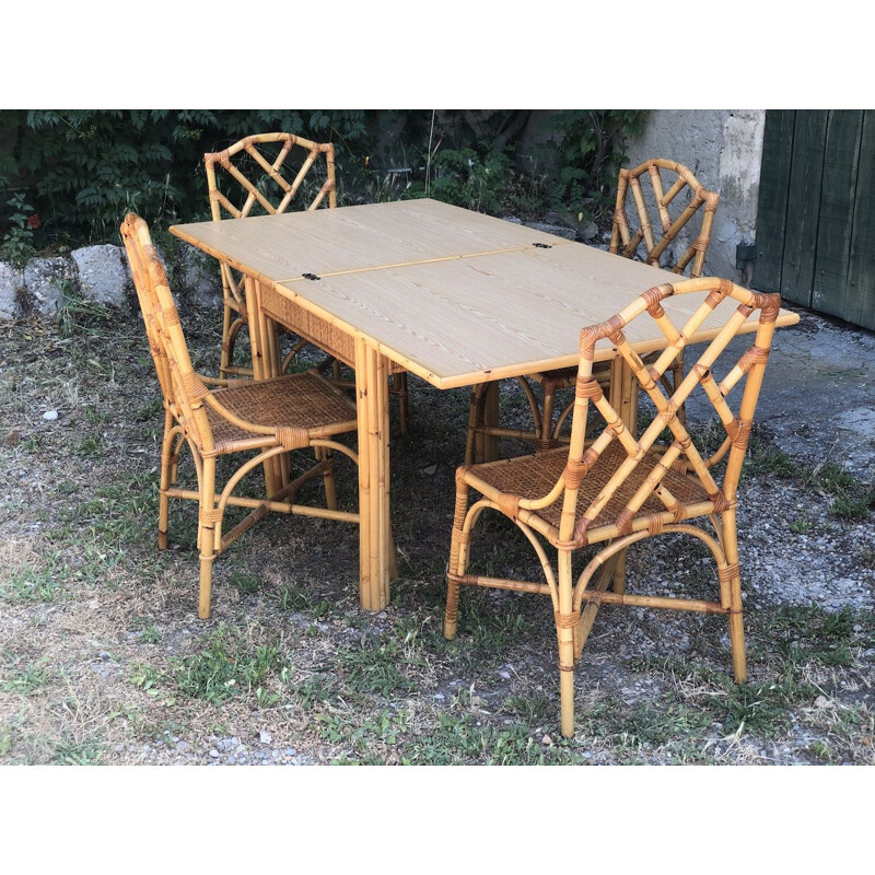 Vintage bamboo and woven wicker dining set by Dal Vera, 1970