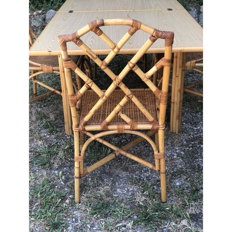 Vintage bamboo and woven wicker dining set by Dal Vera, 1970