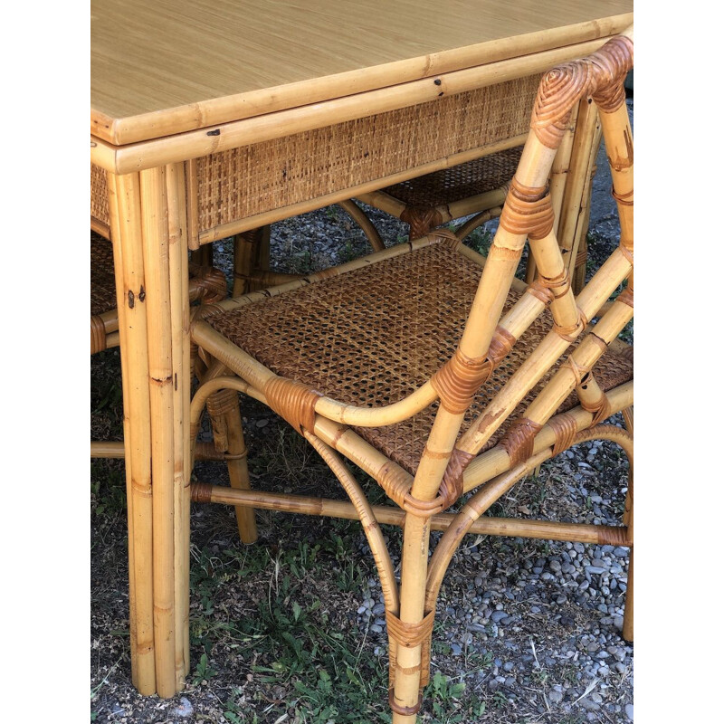 Vintage bamboo and woven wicker dining set by Dal Vera, 1970