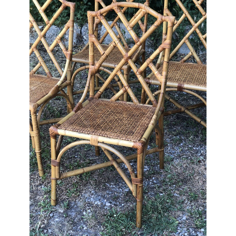 Vintage bamboo and woven wicker dining set by Dal Vera, 1970
