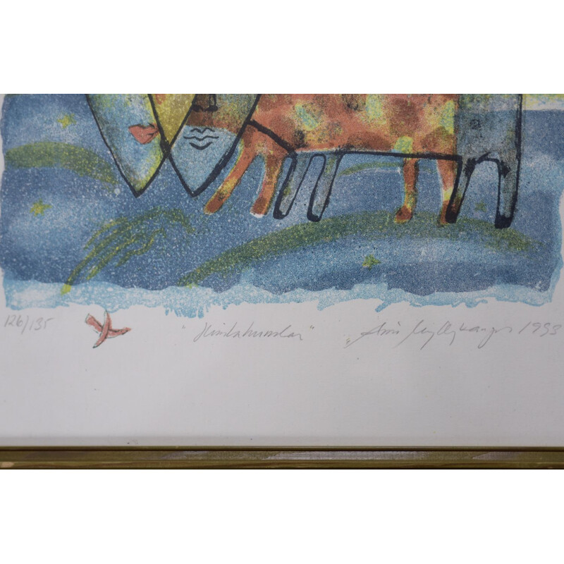 Vintage lithograph of the sky dog by Aino Myllykangas, 1993