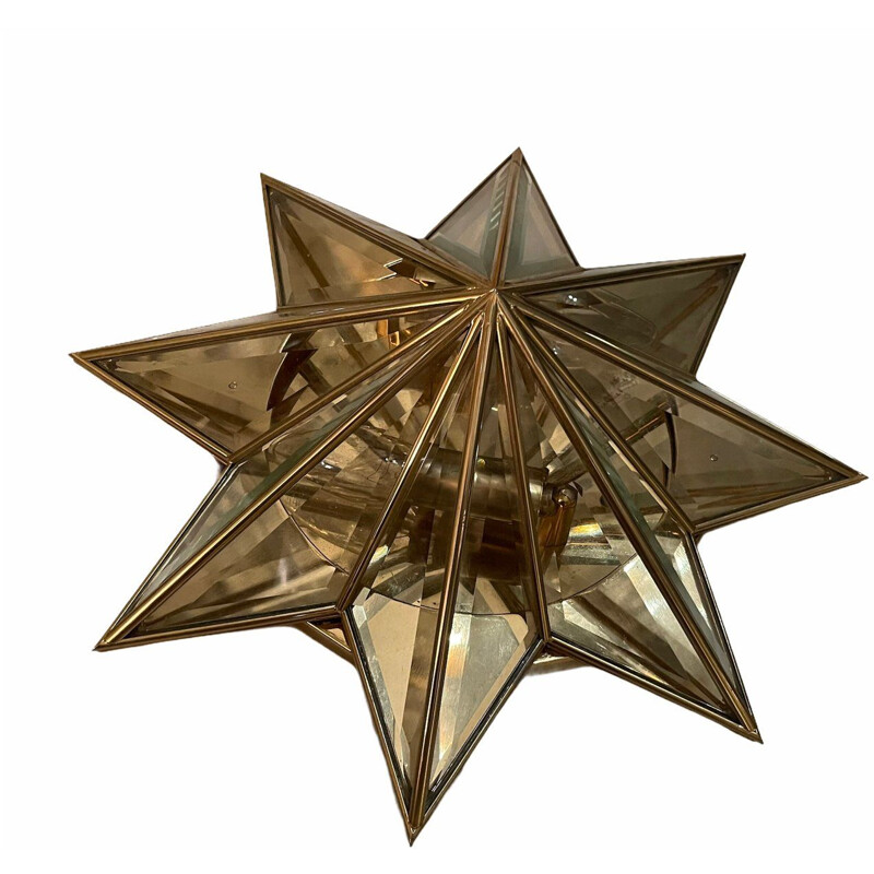 Vintage star-shaped brass & cut glass flush mount, 1960s
