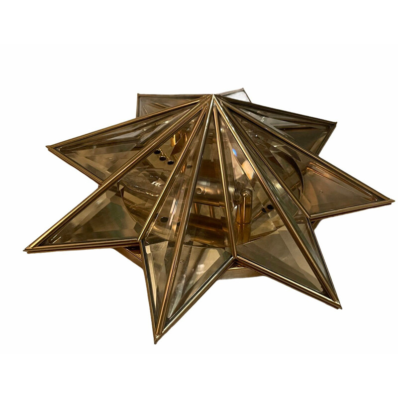 Vintage star-shaped brass & cut glass flush mount, 1960s