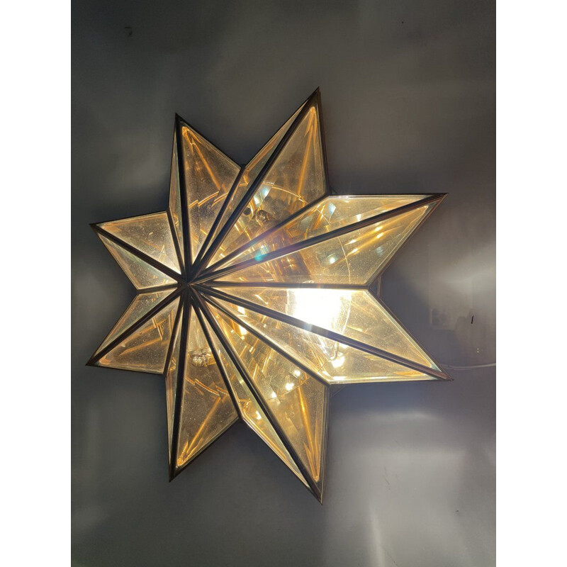 Vintage star-shaped brass & cut glass flush mount, 1960s