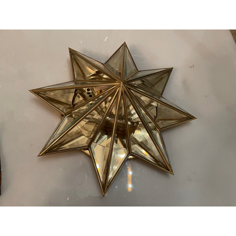 Vintage star-shaped brass & cut glass flush mount, 1960s