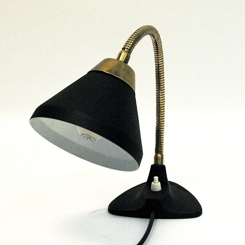 Mid century black metal table walllamp with brass neck by EWÅ Värnamo, Sweden 1950s