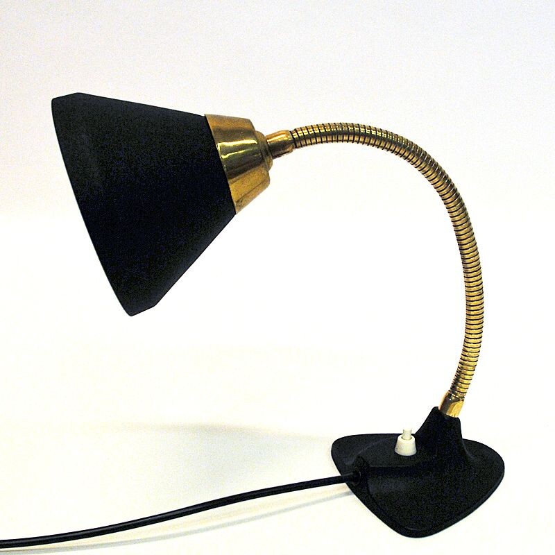 Mid century black metal table walllamp with brass neck by EWÅ Värnamo, Sweden 1950s