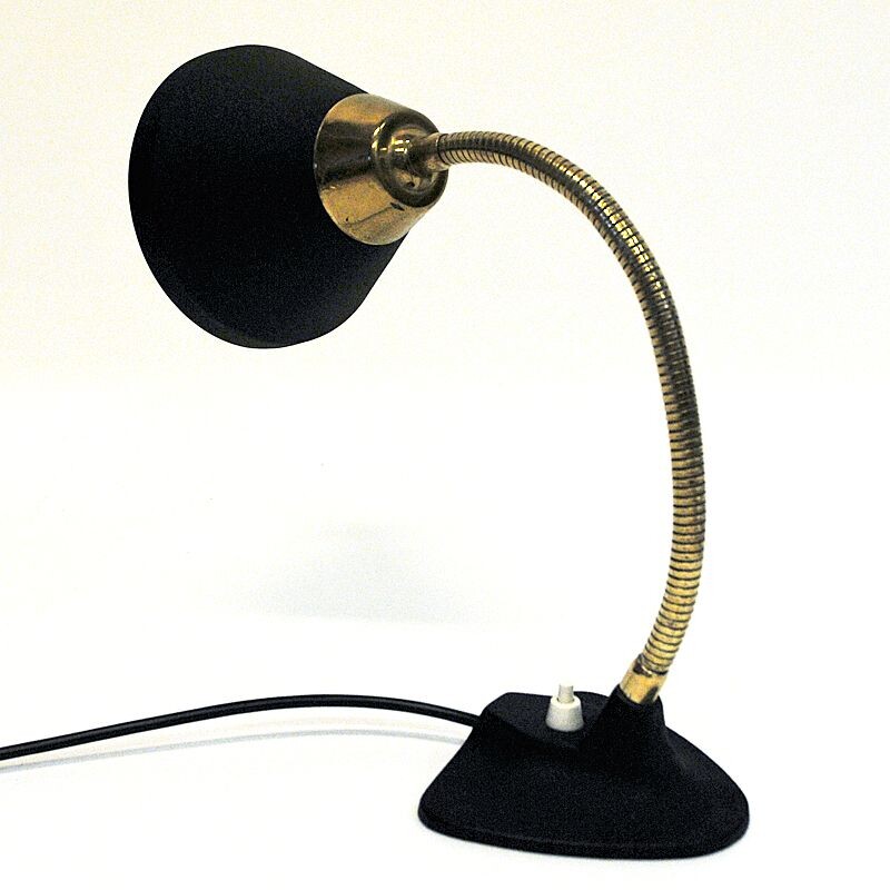 Mid century black metal table walllamp with brass neck by EWÅ Värnamo, Sweden 1950s