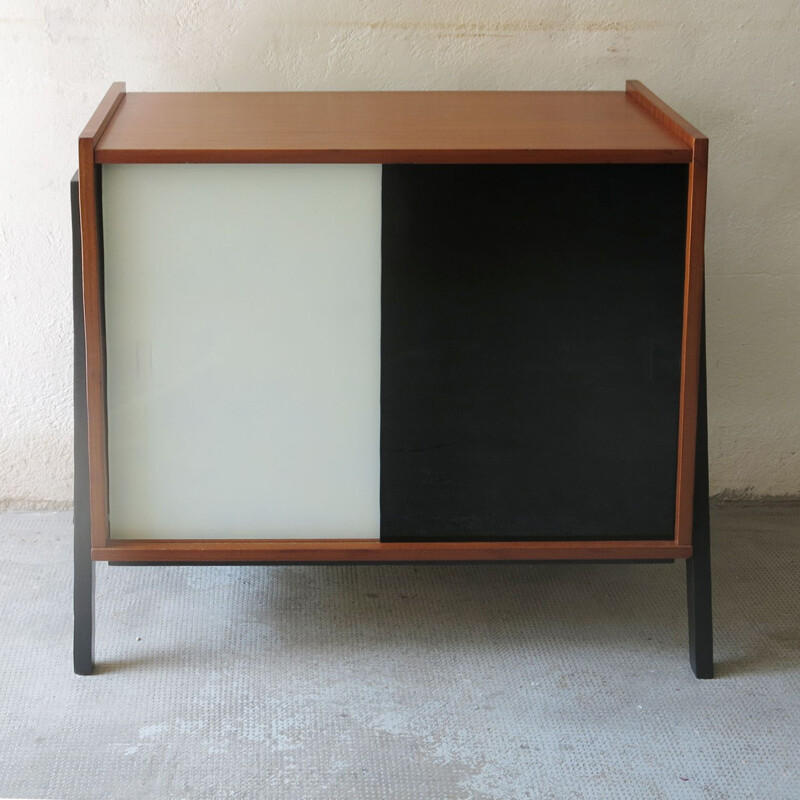 Mid century modernist sideboard with sliding panels in black and white tinted glass, 1960s