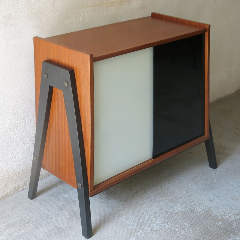 Mid century modernist sideboard with sliding panels in black and white tinted glass, 1960s