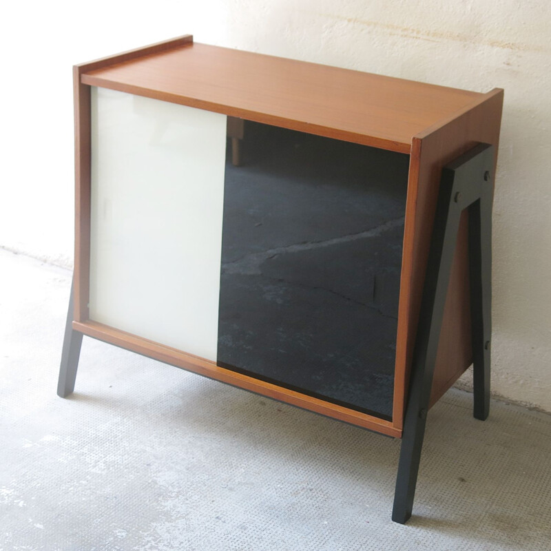 Mid century modernist sideboard with sliding panels in black and white tinted glass, 1960s