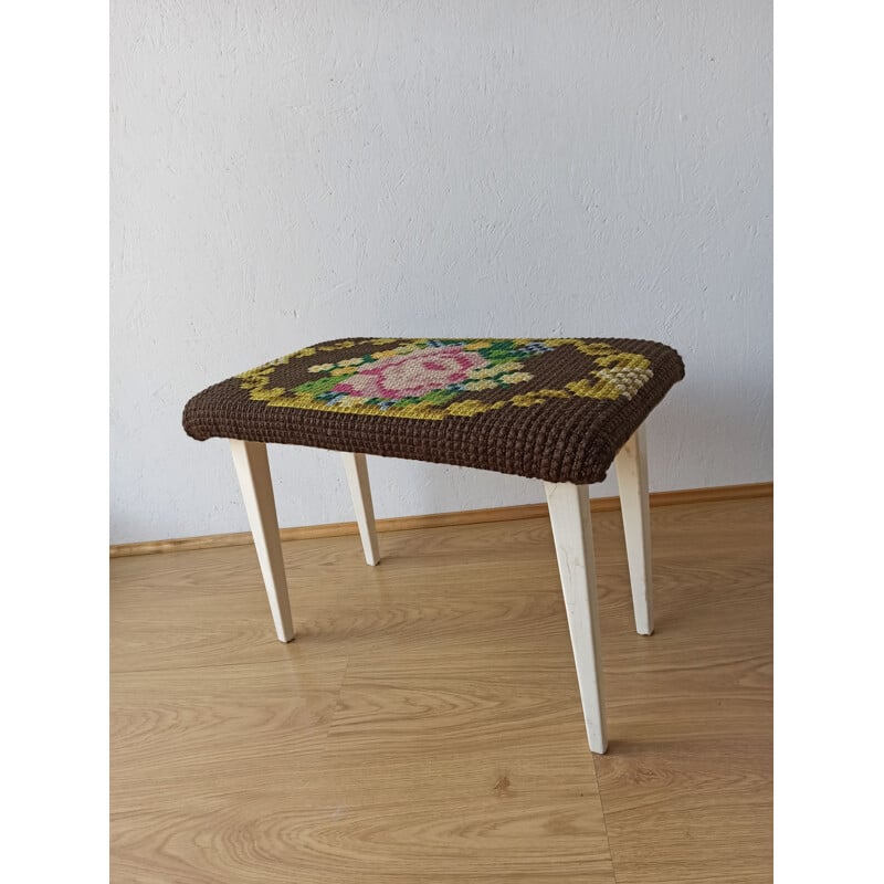 Vintage-Designhocker aus Gobelinstoff, 1950-1960