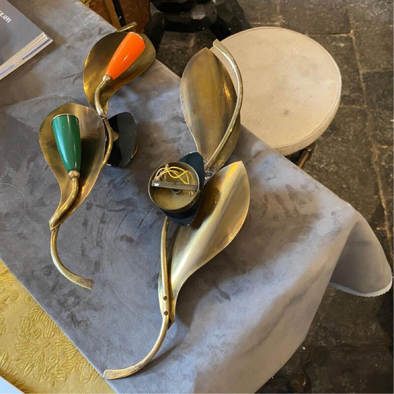 Mid-Century modern pair of brass wall sconces, Italy 1960s