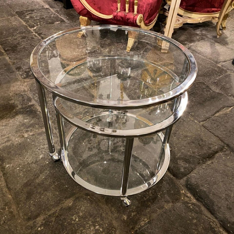 Vintage steel and glass round openable trolley cart, Italy 1970s