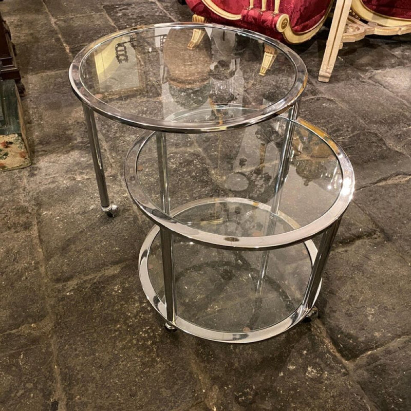 Vintage steel and glass round openable trolley cart, Italy 1970s