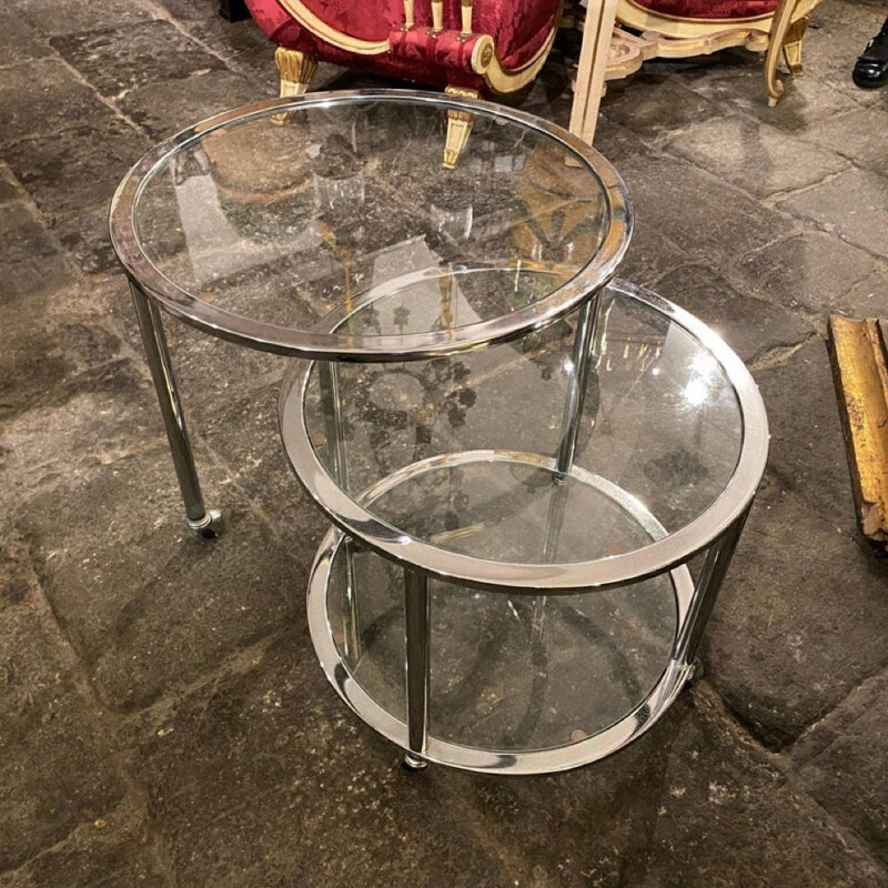 Vintage steel and glass round openable trolley cart, Italy 1970s
