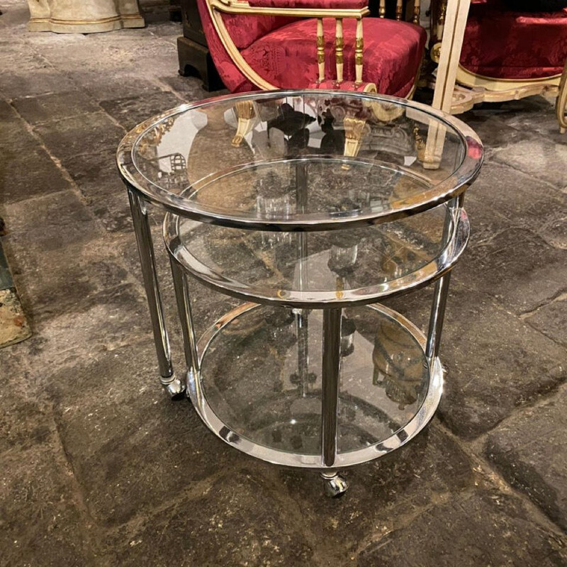 Vintage steel and glass round openable trolley cart, Italy 1970s