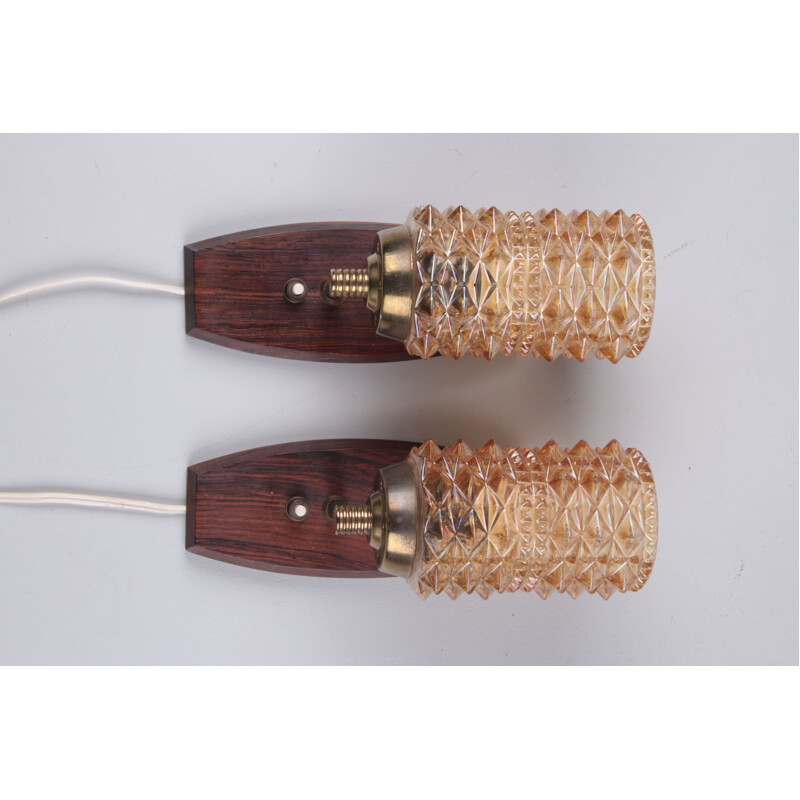 Pair of wall lamps vintage made of teak and colored glass, Danmark 1960s