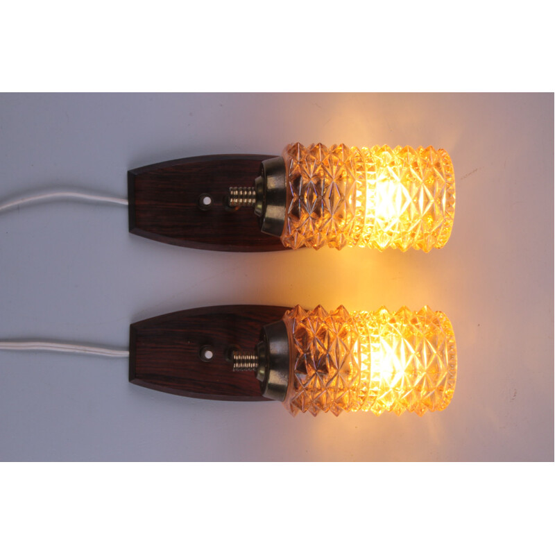 Pair of wall lamps vintage made of teak and colored glass, Danmark 1960s