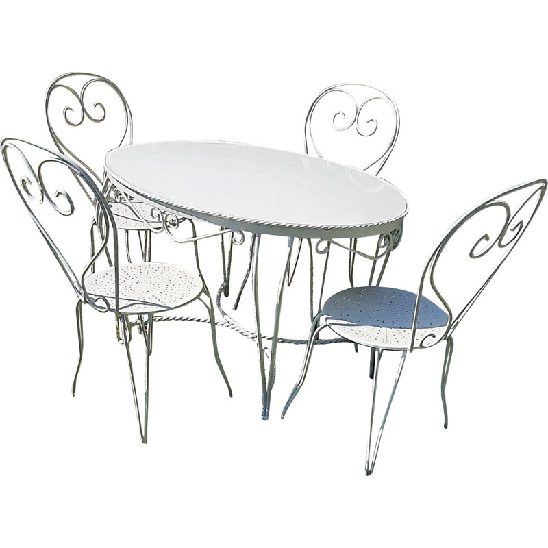 Ensemble de table et 4 chaises vintage fer forgé ovale 
