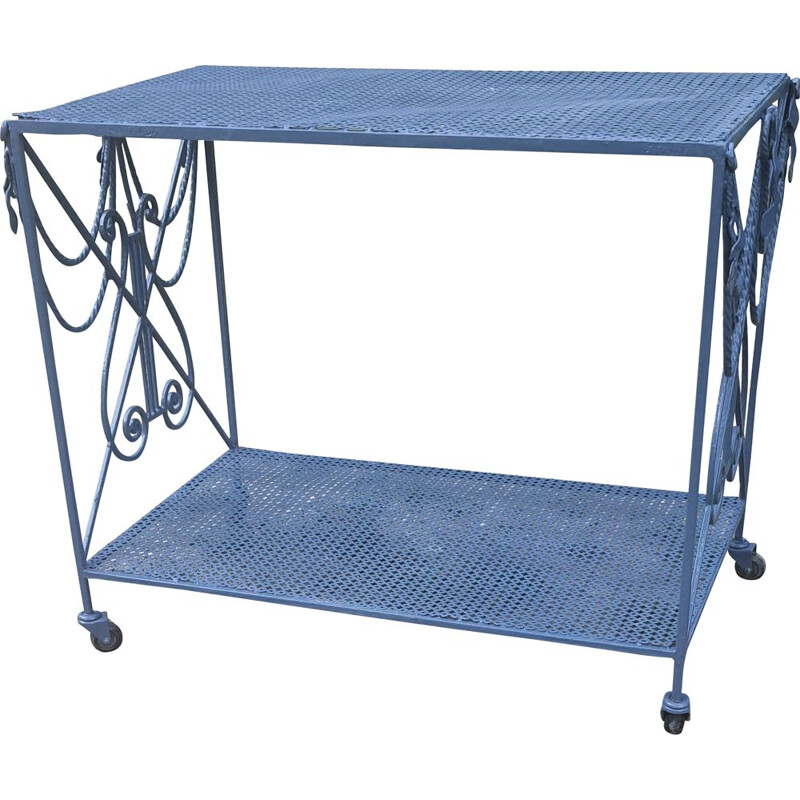 Mid century Provence blue wrought iron sideboard on wheels