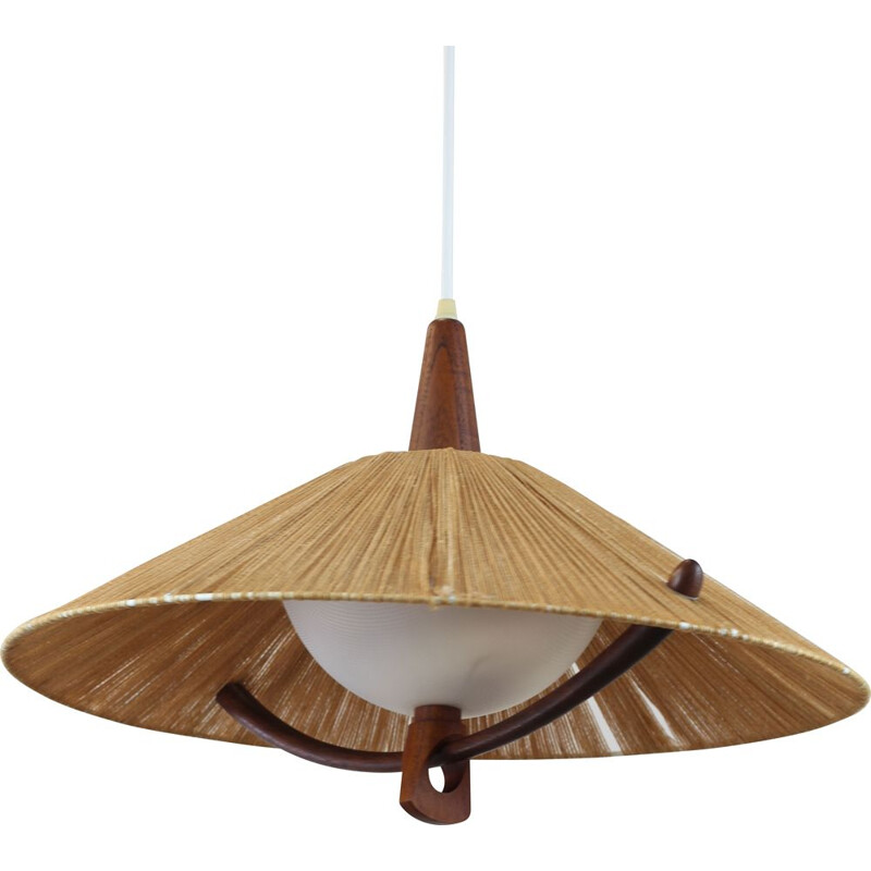 Scandinavian vintage hanging lamp in raffia and teak