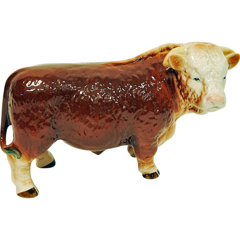 Vintage brown and white ceramic Hereford bull, England 1950s