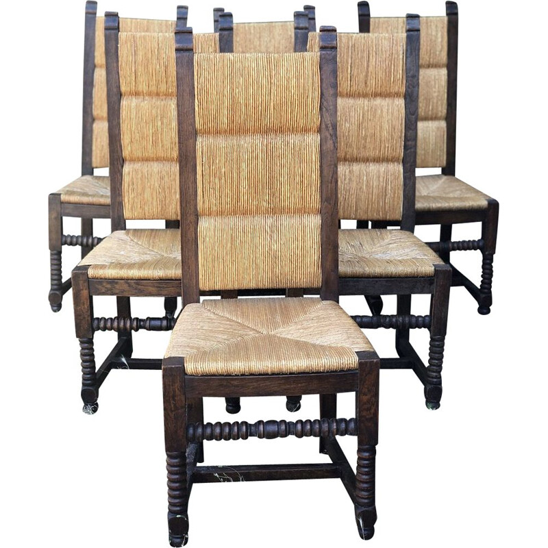 6 vintage neo-basque oak and straw chairs by Charles Dudouyt, 1950s
