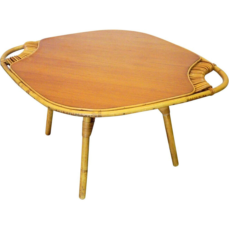 Vintage coffee table in bamboo, wood and rattan, 1960