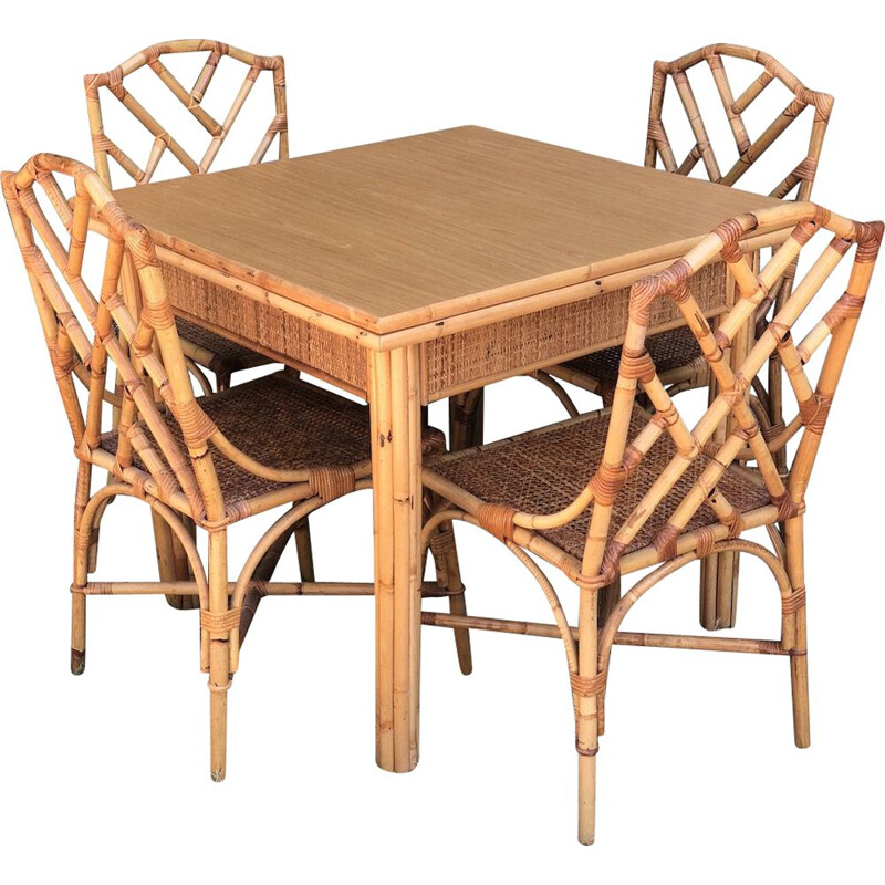 Ensemble de table pliante et 4 chaises vintage en bambou et osier tressé par Dal Vera, 1970